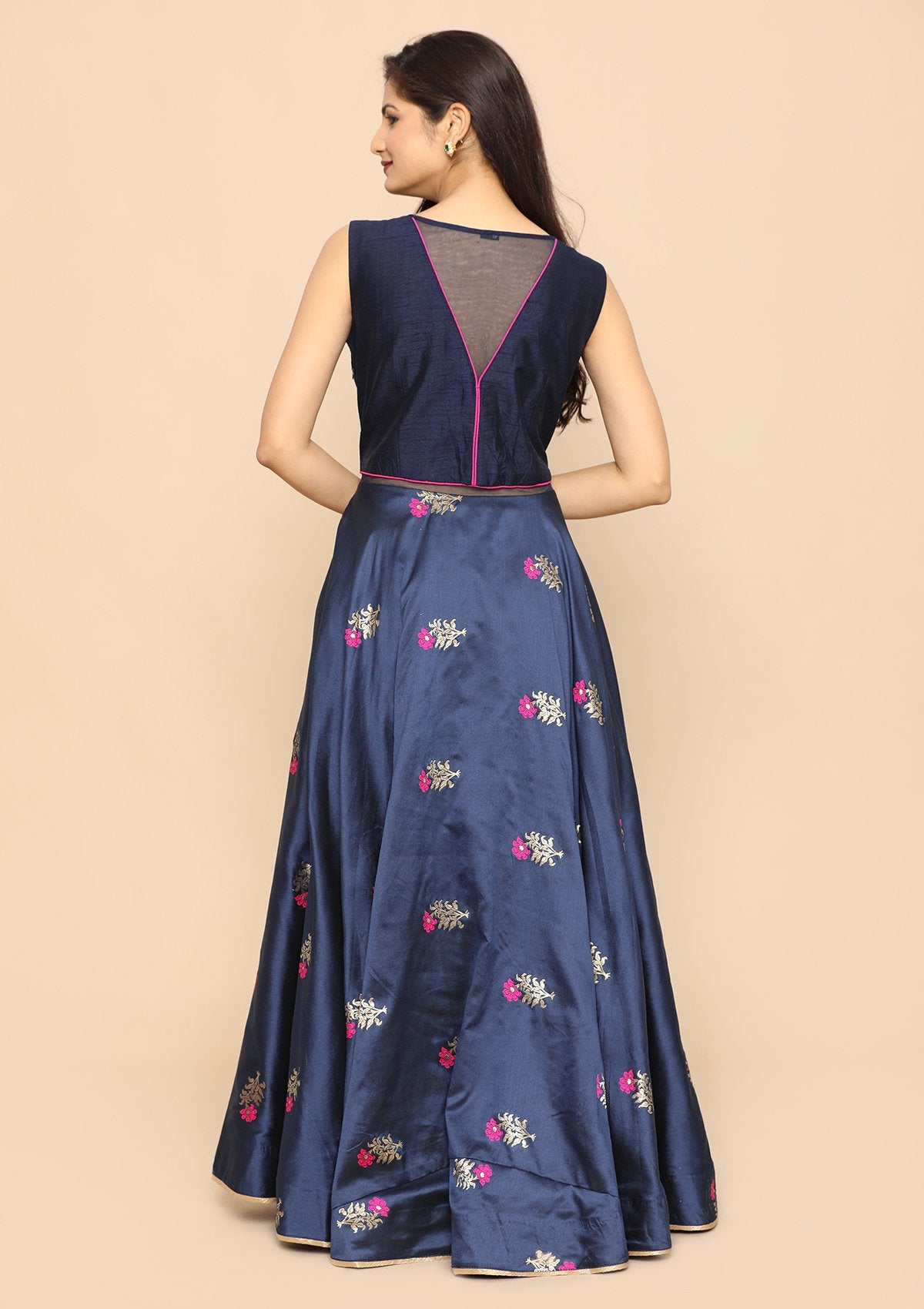 Navy Blue Zari Work Silk Designer Gown-Koskii