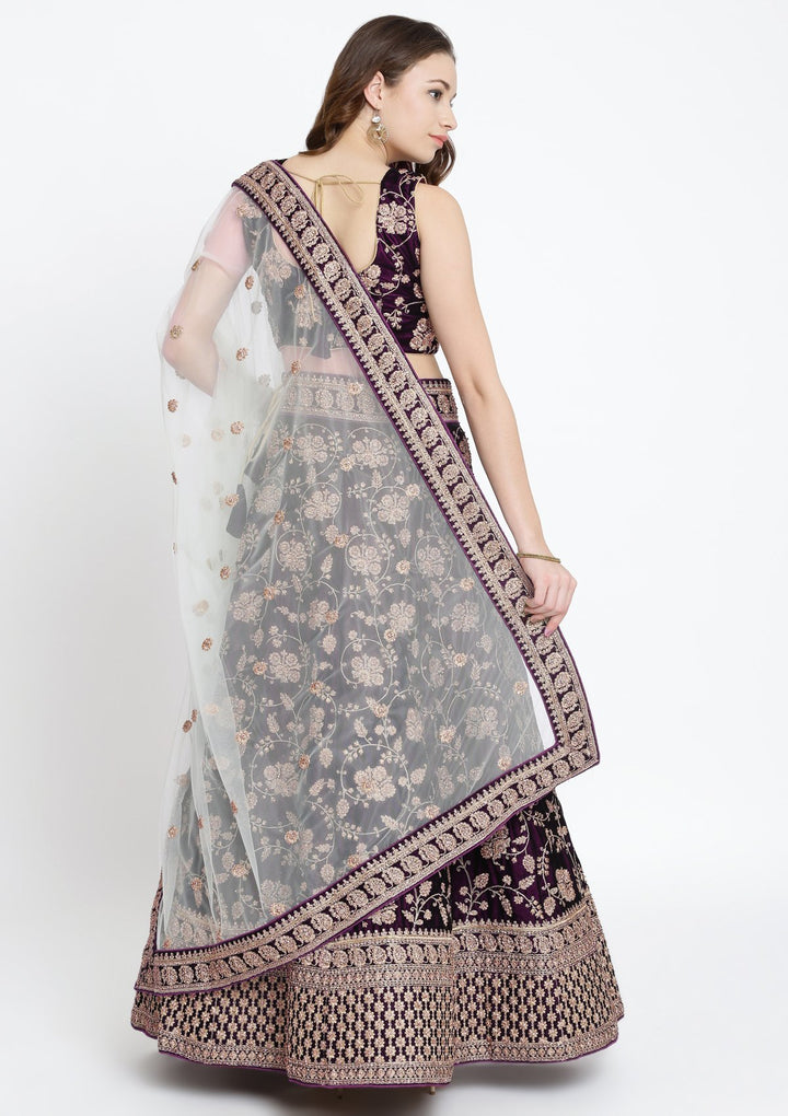 Wine Stonework Velvet Designer Lehenga-Koskii