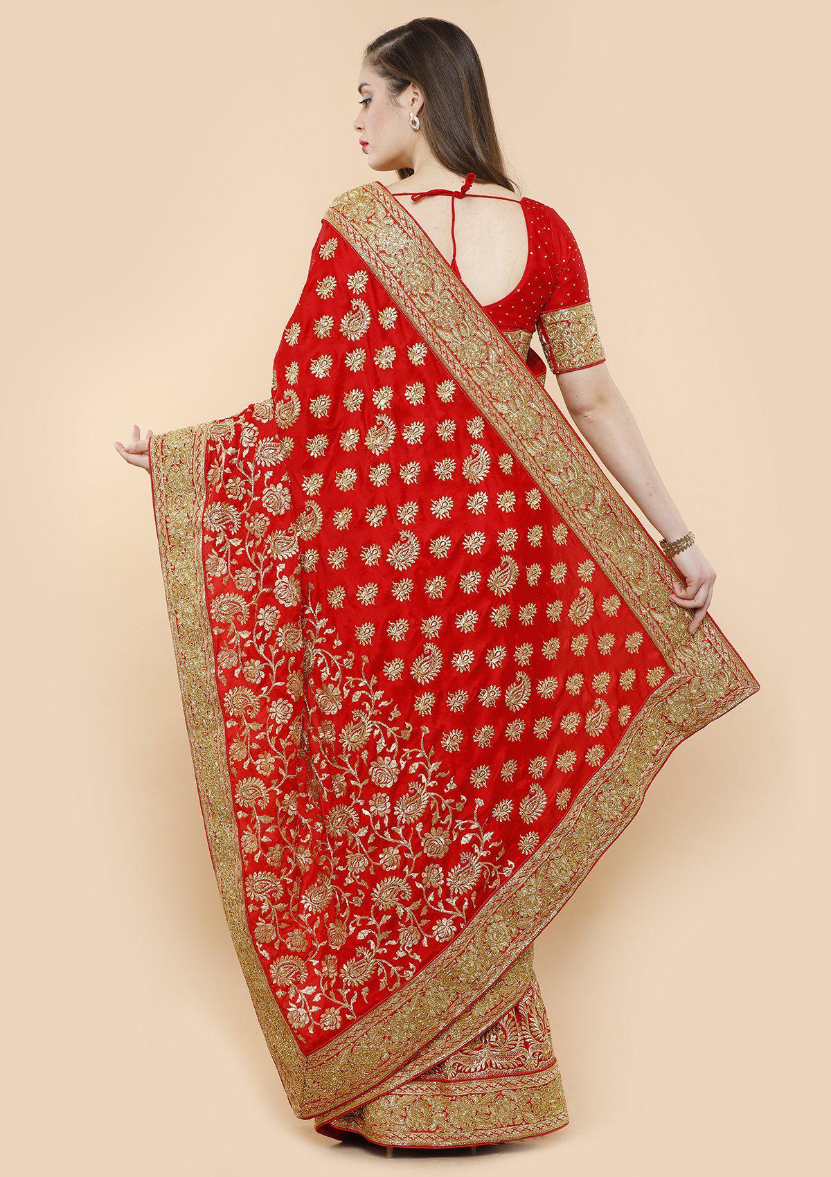 Red and Gold Cutdana Satin Designer Saree-Koskii
