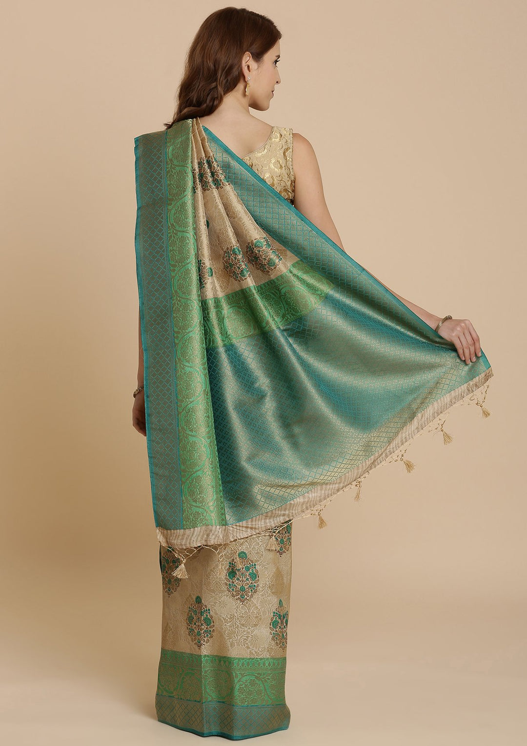 Green and Cream Art Silk Designer Saree-Koskii