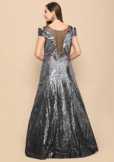 Black Sequinned Net Designer Gown-Koskii
