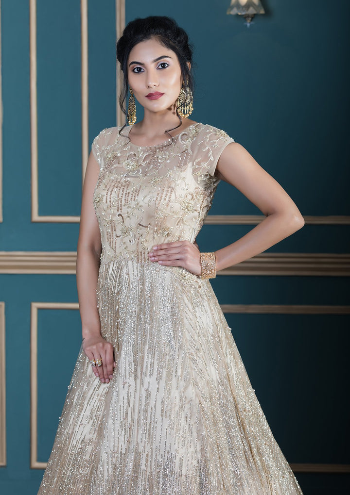 Beige Bead Work Net Designer Gown-Koskii