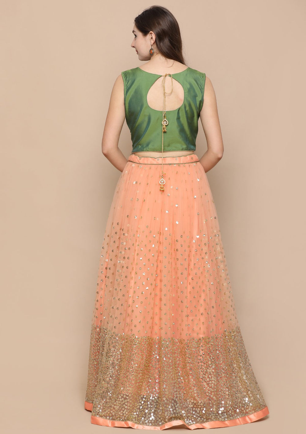 Peach Pink Zardozi Work Taffeta Designer Lehenga-Koskii