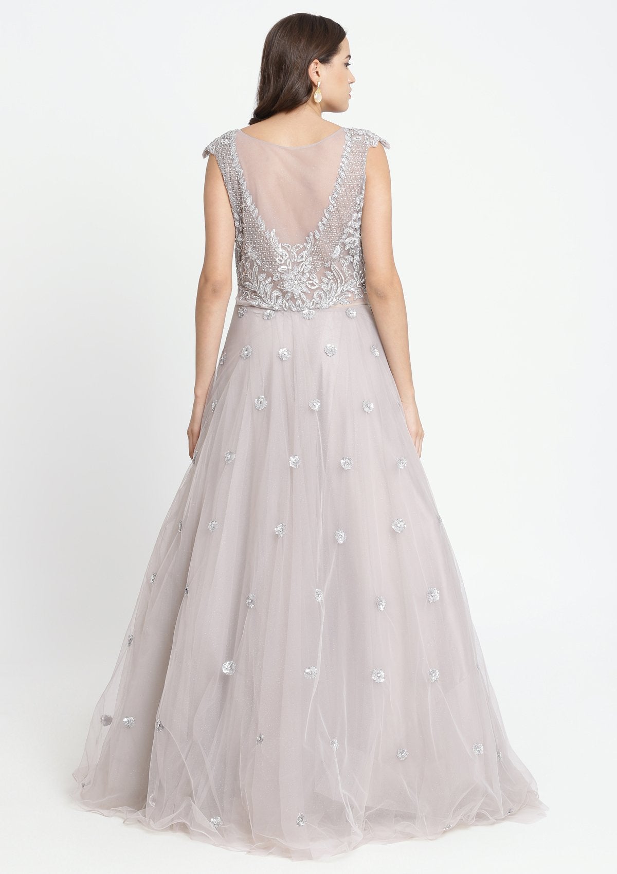 Grey Sequinned Net Designer Gown-Koskii