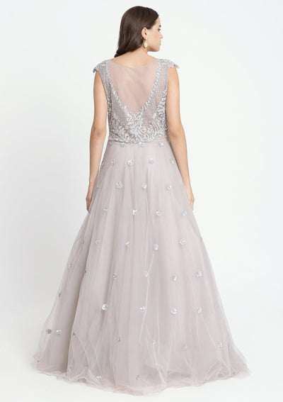 Grey Sequinned Net Designer Gown-Koskii