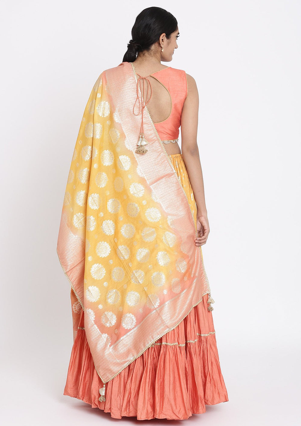Mustard And Peach Gotapatti Art Silk Designer Lehenga - koskii