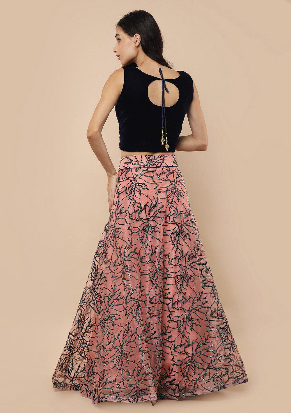 Pink Zari Work Velvet Net Lehenga-Koskii