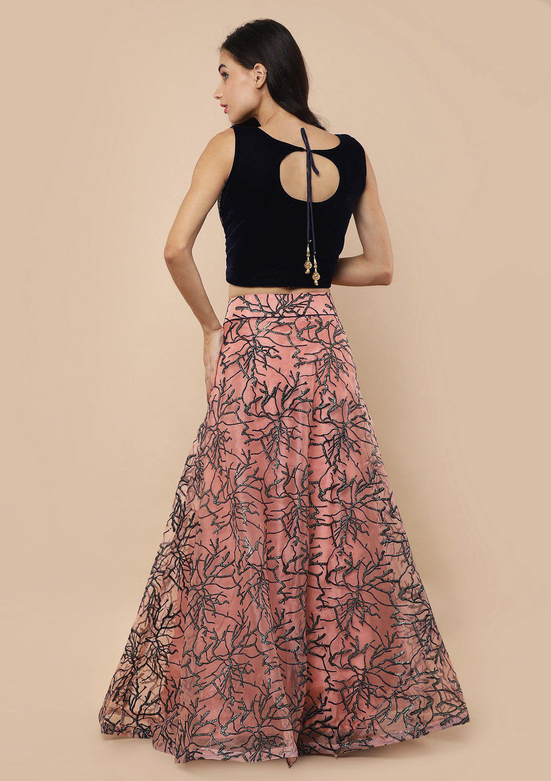Pink Zari Work Velvet Net Lehenga-Koskii