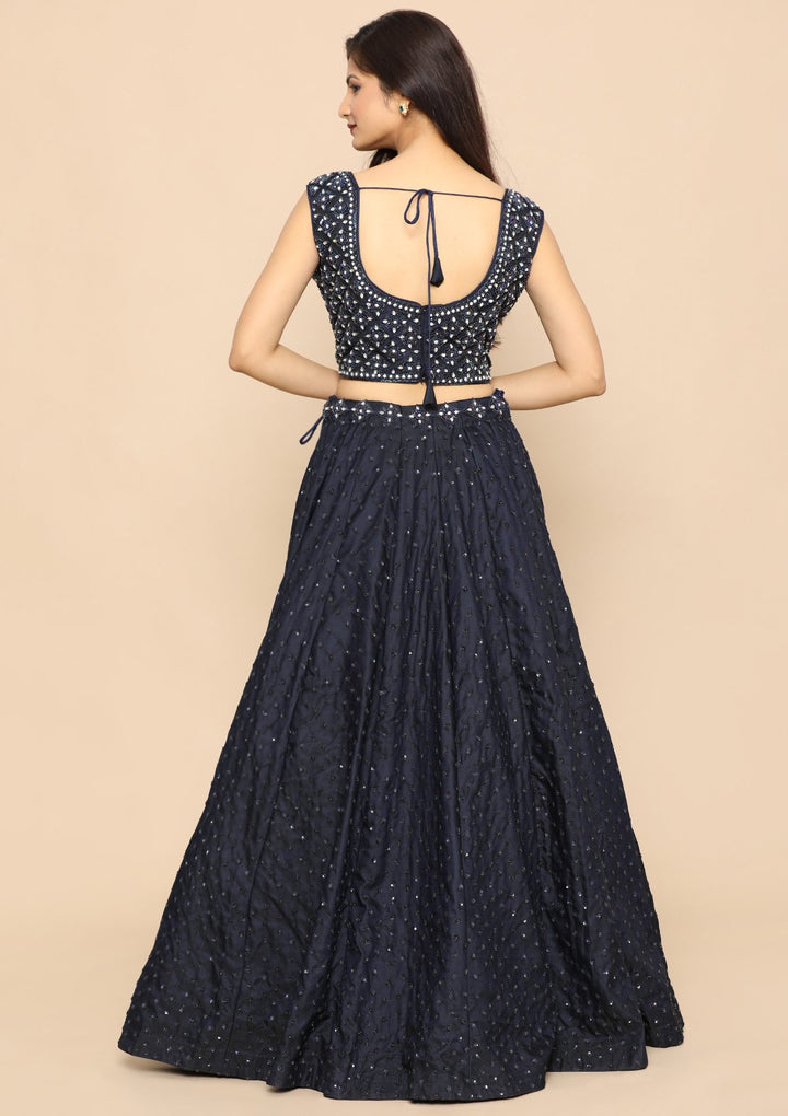 Navy Blue Sequinned Silk Designer Lehenga-Koskii