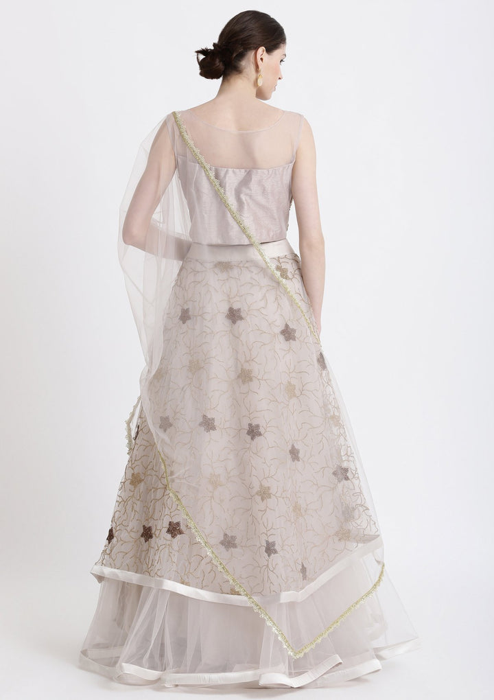 Light Grey Pearlwork Net Designer Lehenga-Koskii