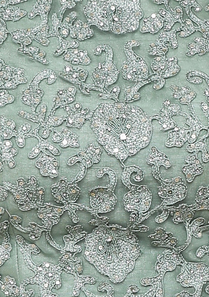 Teal Green Silver Zari Work Silk Designer Lehenga-Koskii