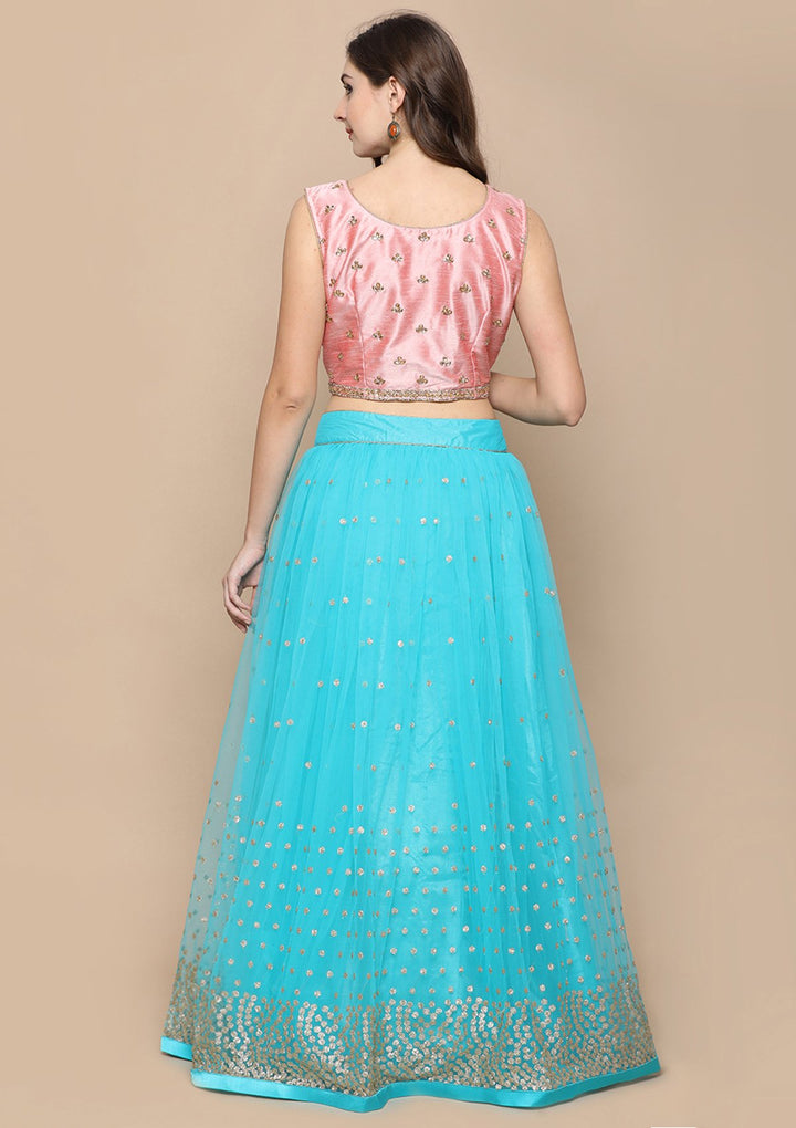 Sky Blue Stone Work Silk Designer Lehenga-Koskii