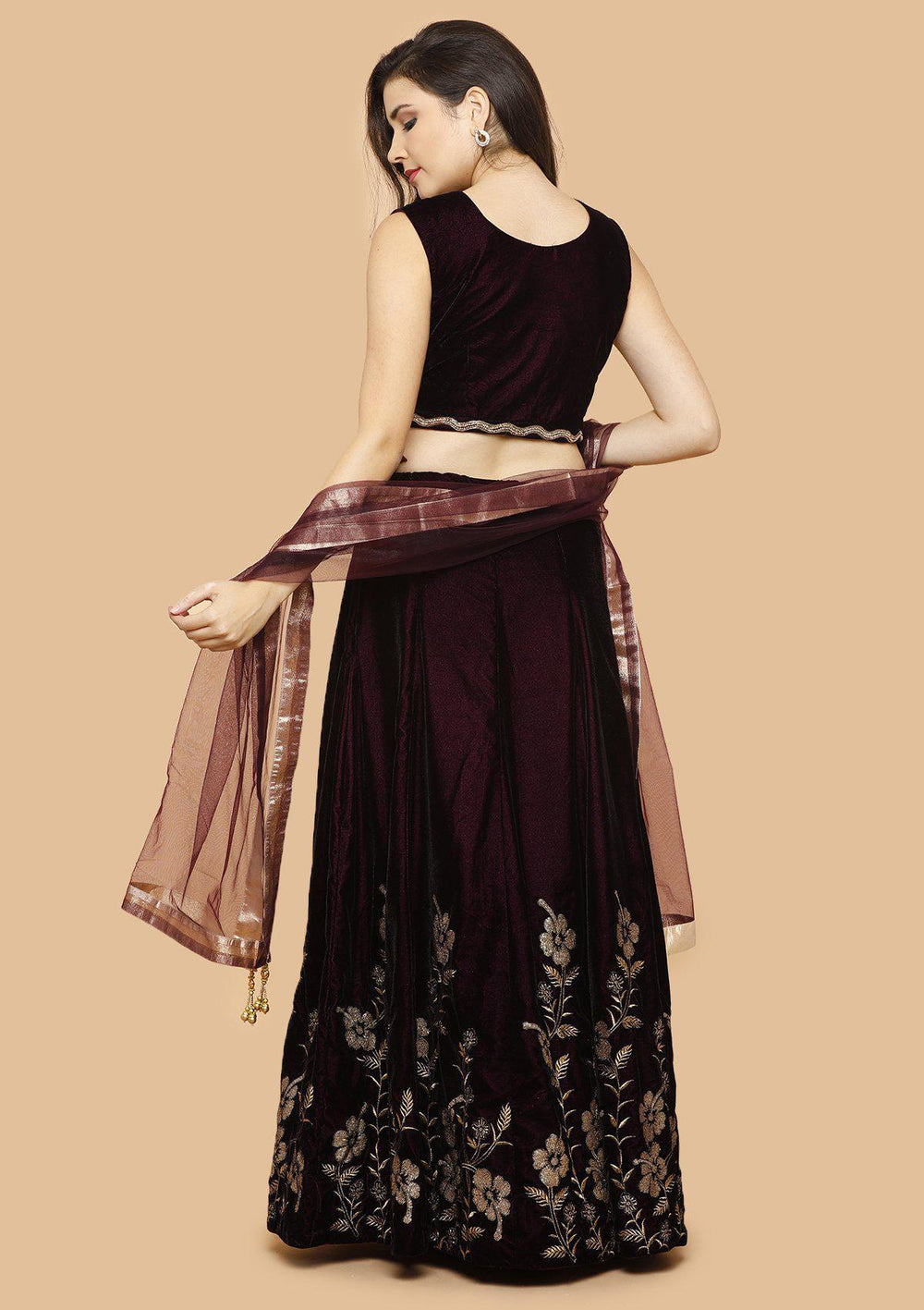 Wine and Maroon Embellished Velvet Designer Lehenga-Koskii