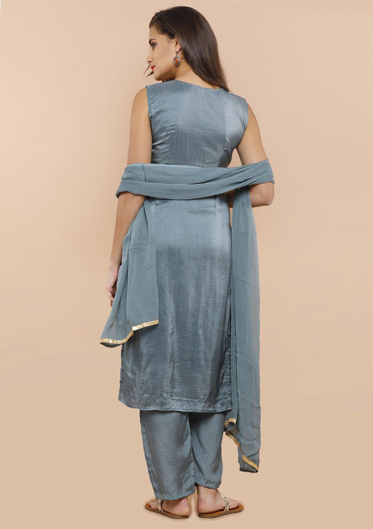 Grey Embellished Tissue Silk Designer Salwar Suit-Koskii