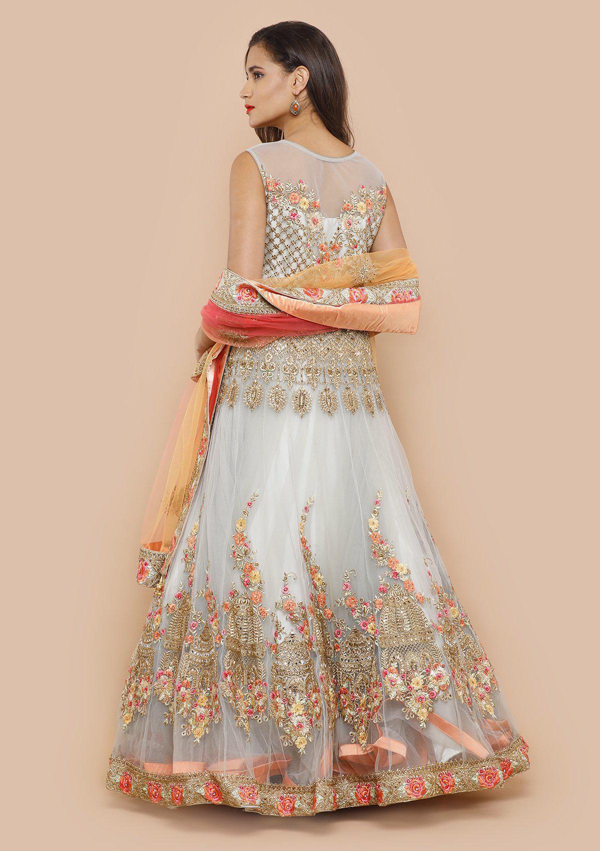 Grey and Gold Embroidered Net Designer Gown-Koskii