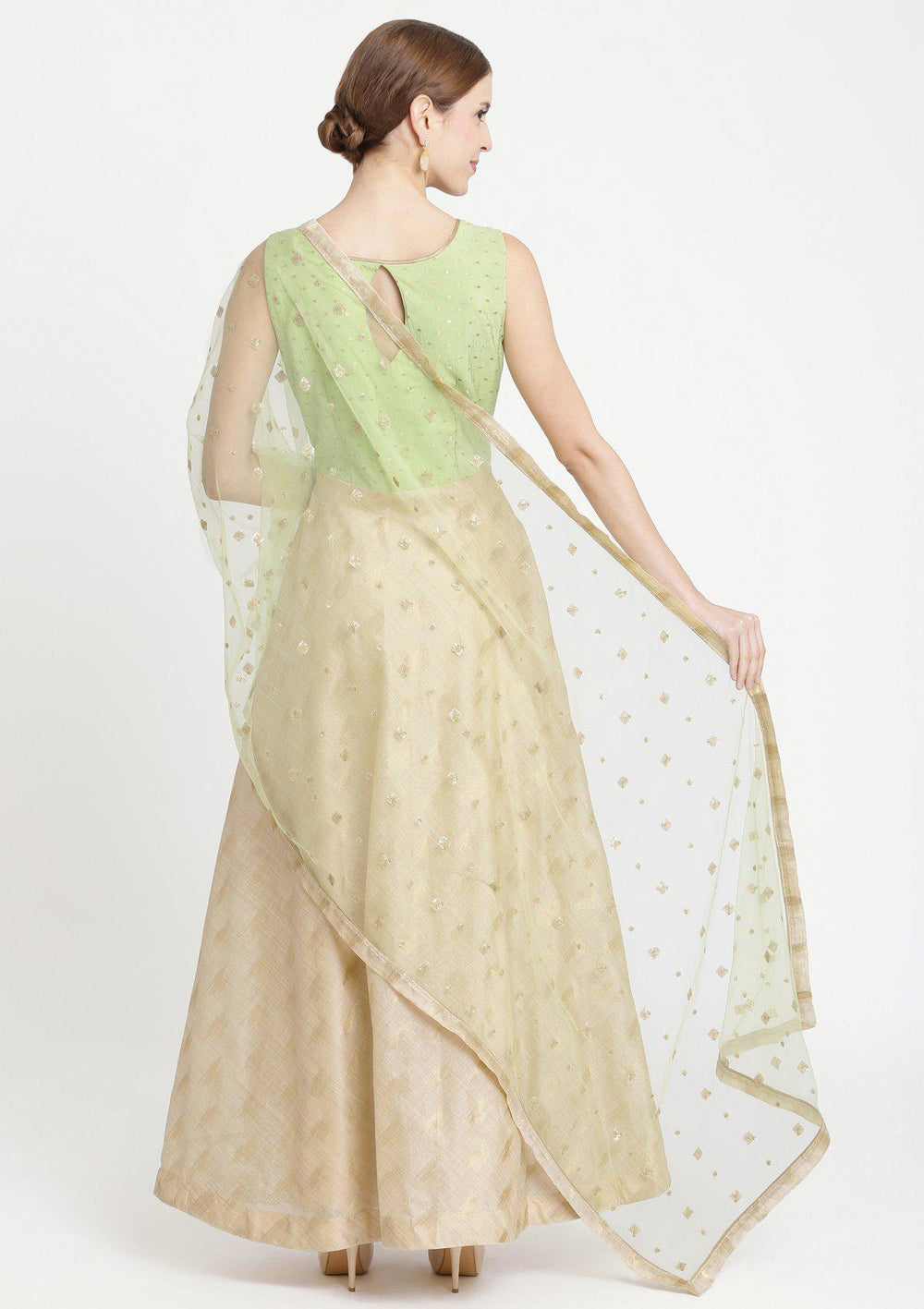 Pista Green Cutdana Raw Silk Designer Gown-Koskii