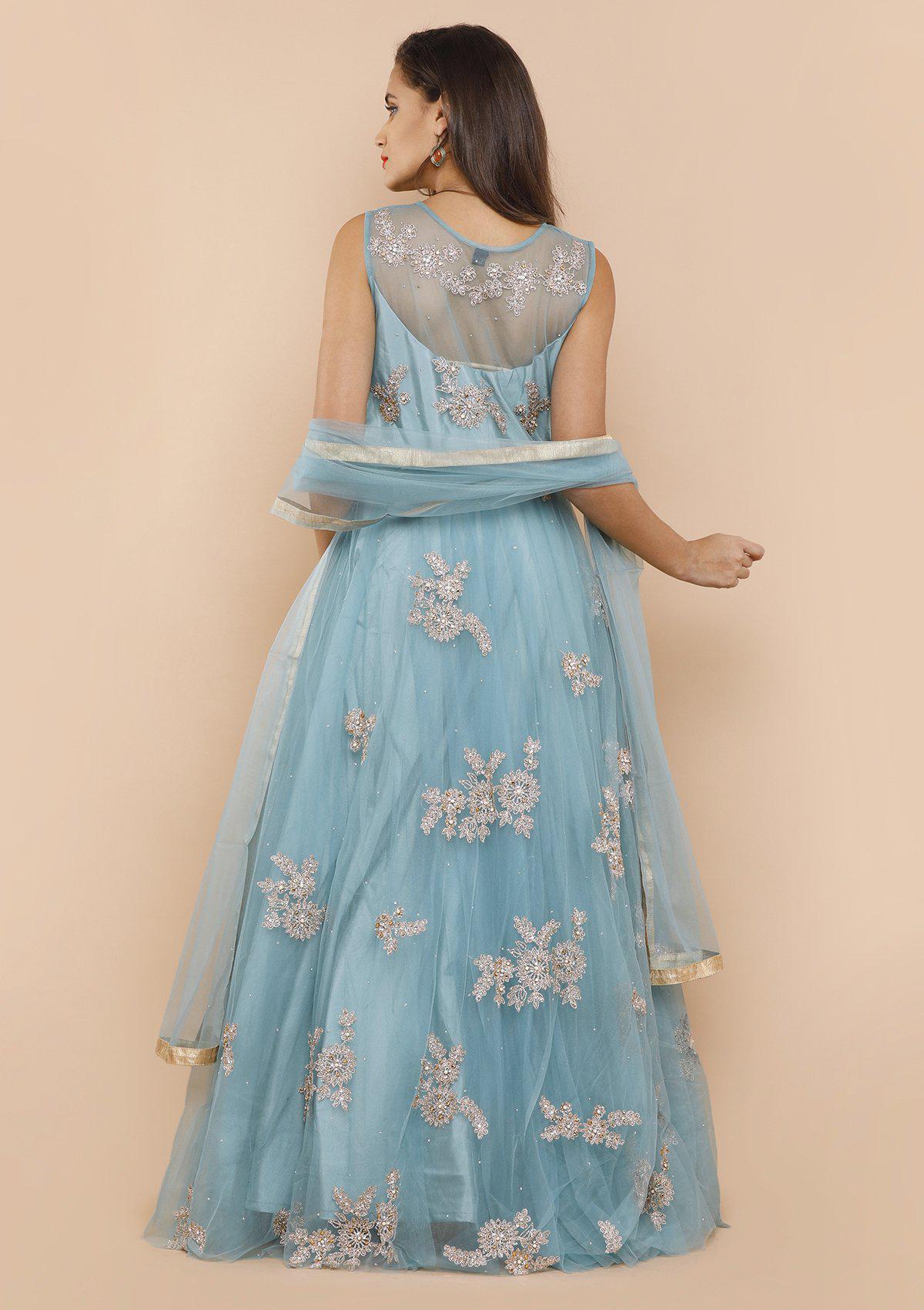koskii teal blue floral net gown-Koskii
