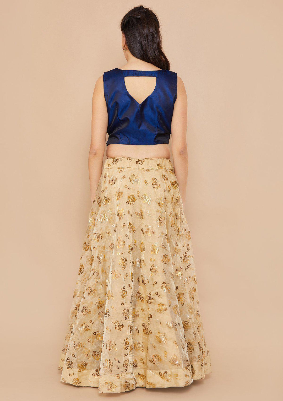 Gold and Blue Mirror-work Designer Lehenga-Koskii