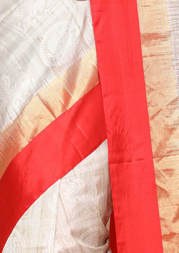 Red and White Pure Handwoven Saree-Koskii