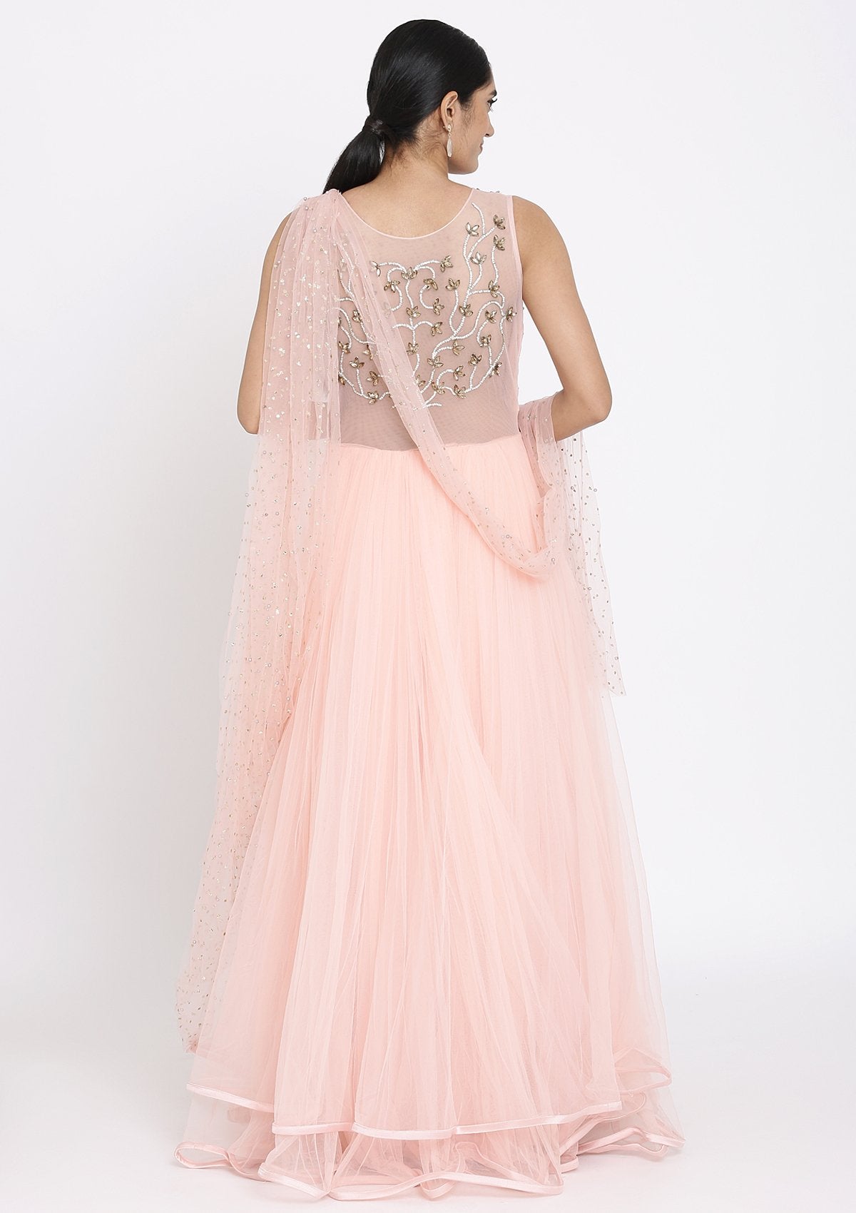 Baby Pink Stonework Net Designer Gown - koskii