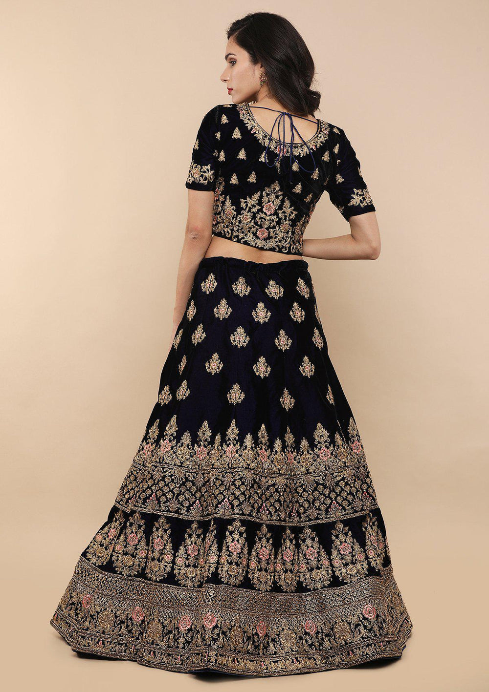 Blue and Pink Velvet Designer Lehenga-Koskii