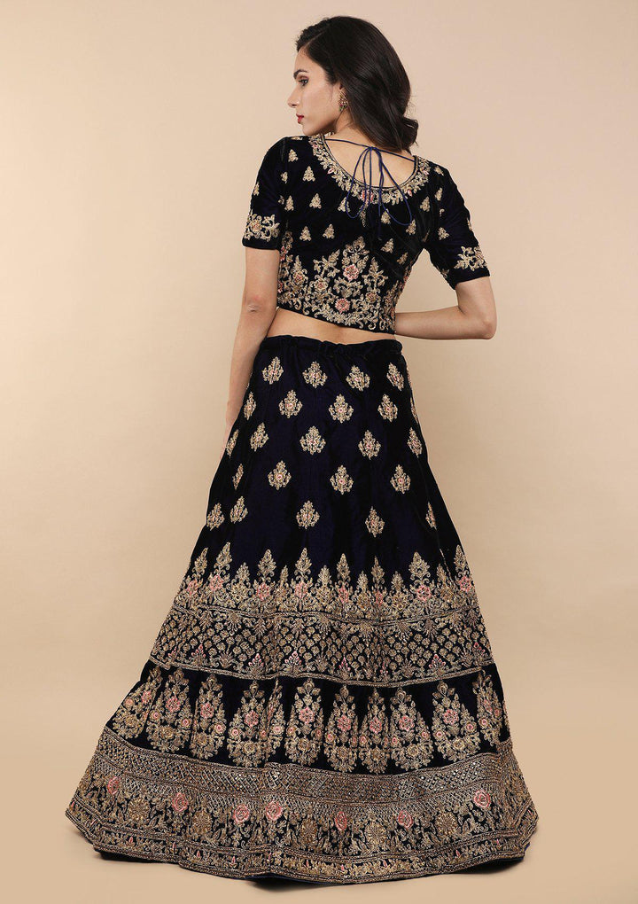 Blue and Pink Velvet Designer Lehenga-Koskii