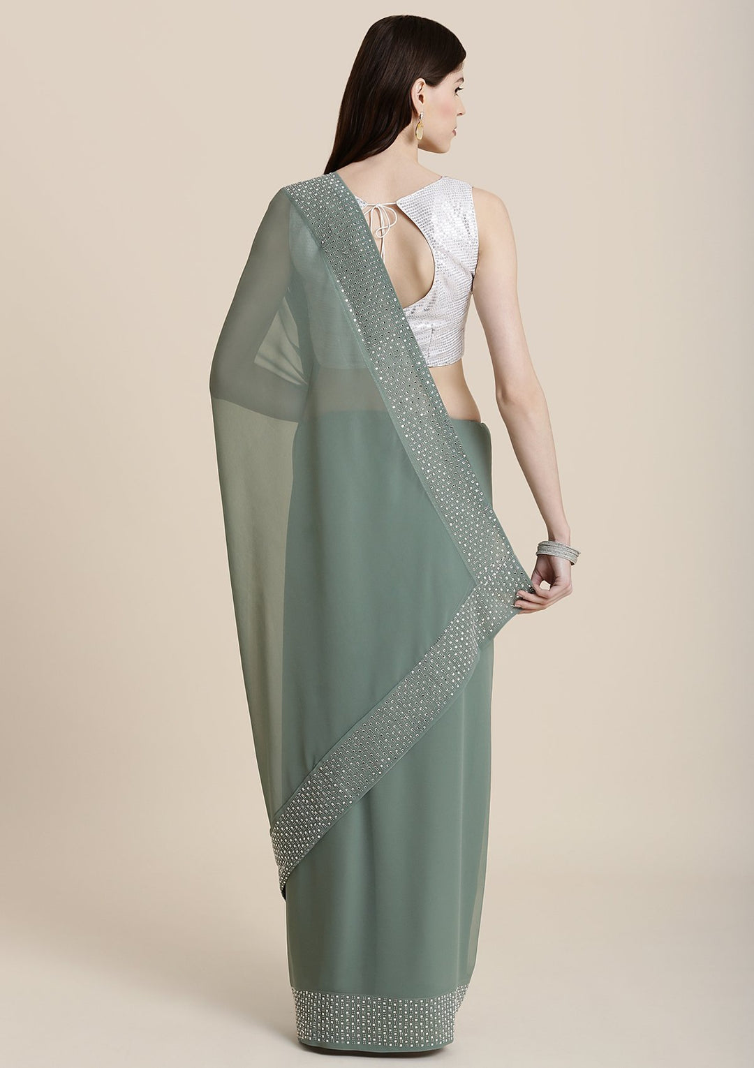 Sea Green Swarovski Georgette Designer Saree-Koskii