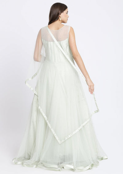 Pista Green Silver Stonework Net Designer Gown-Koskii