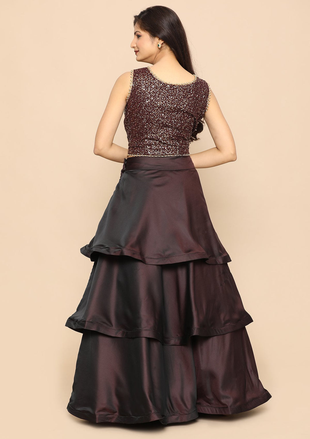 Wine Sequinned Top And Tiered Lehenga-Koskii