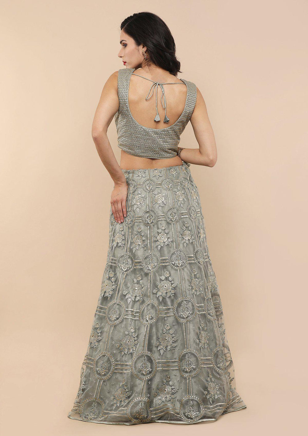 Teal Green Thread Work Net Designer Lehenga-Koskii