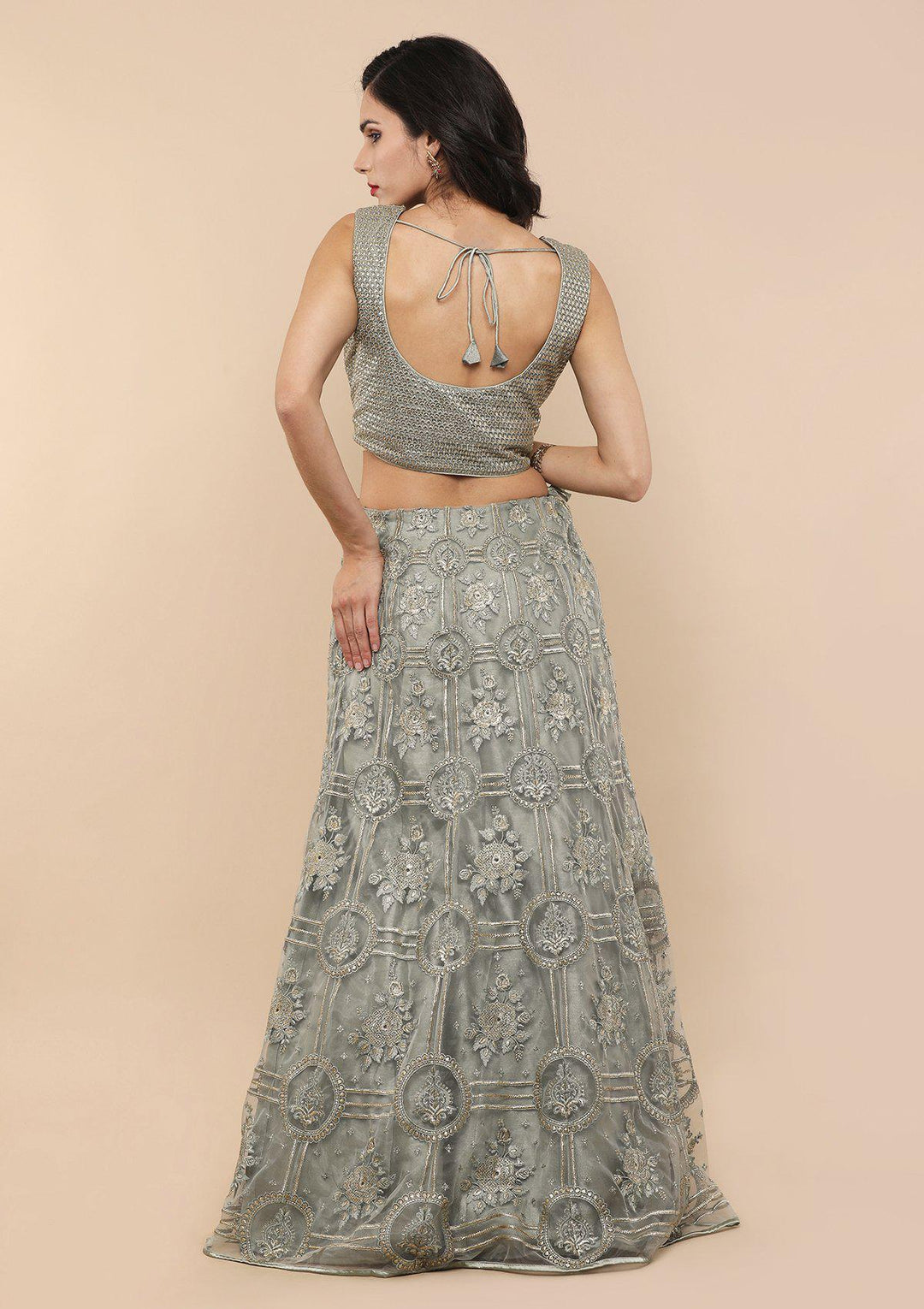 Teal Green Thread Work Net Designer Lehenga-Koskii