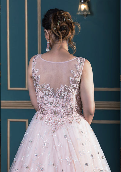 Peach Stone Work Net Designer Gown-Koskii