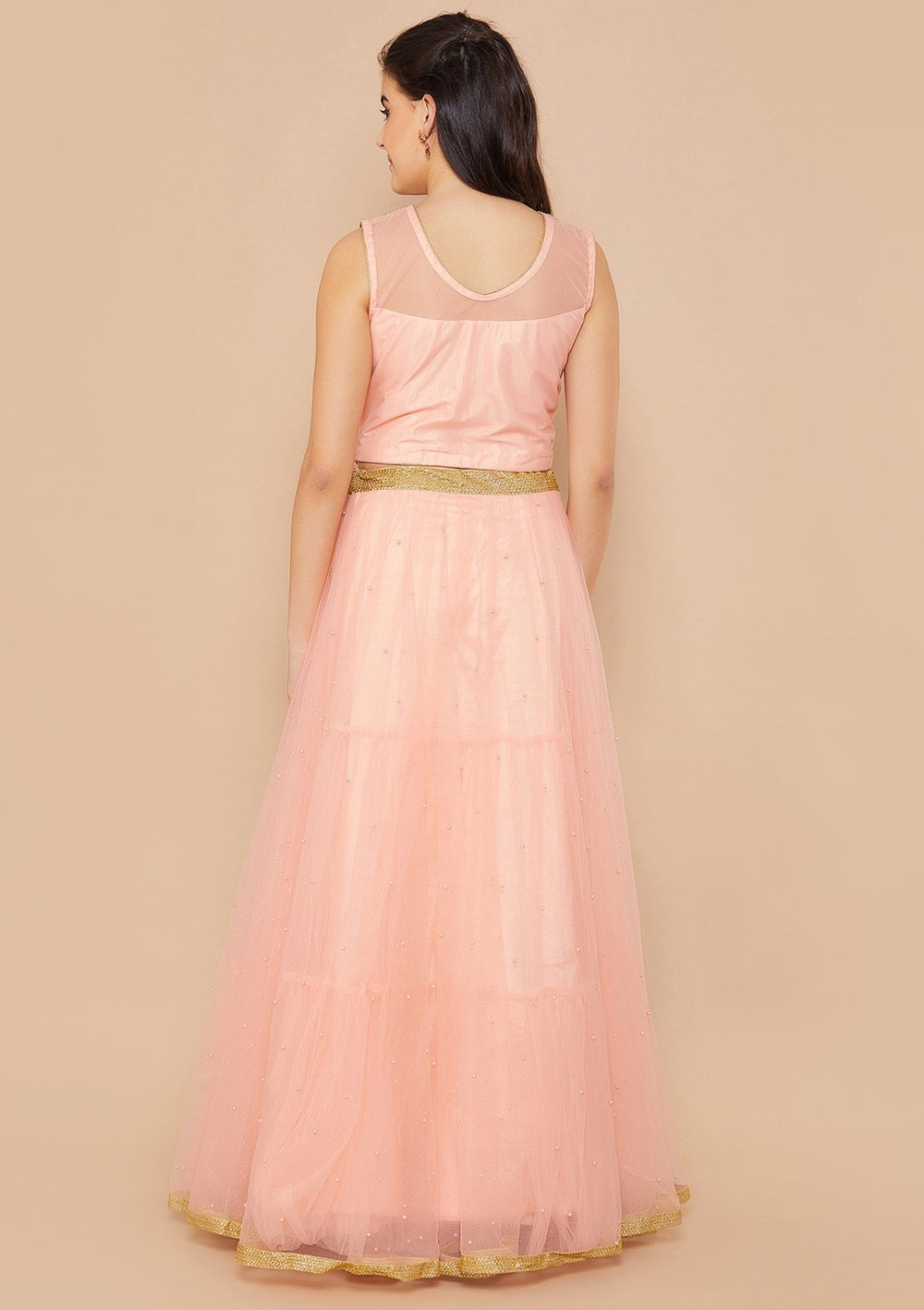 Coral Pink Cutdana Raw-Silk Lehenga-Koskii