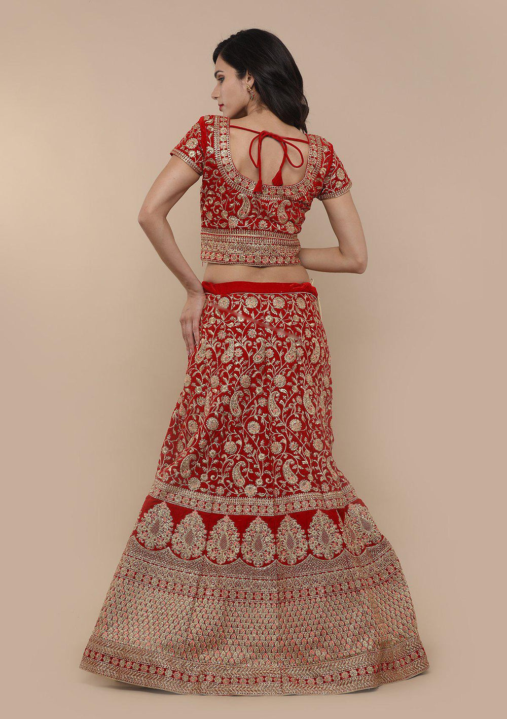 Red Stone Work Velvet Designer Lehenga-Koskii