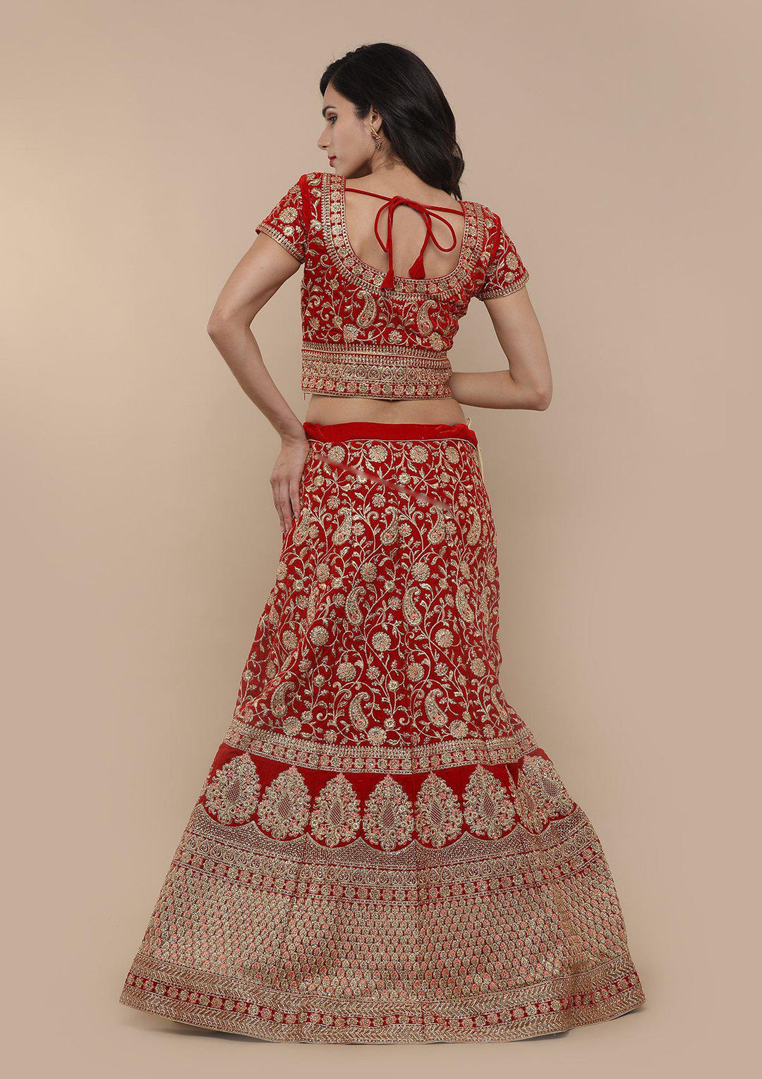 Red Stone Work Velvet Designer Lehenga-Koskii