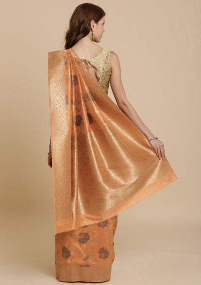 Peach Zariwork Raw Silk Designer Saree-Koskii