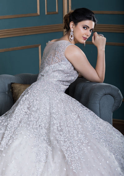 White Zardozi Work Net Ball Gown-Koskii
