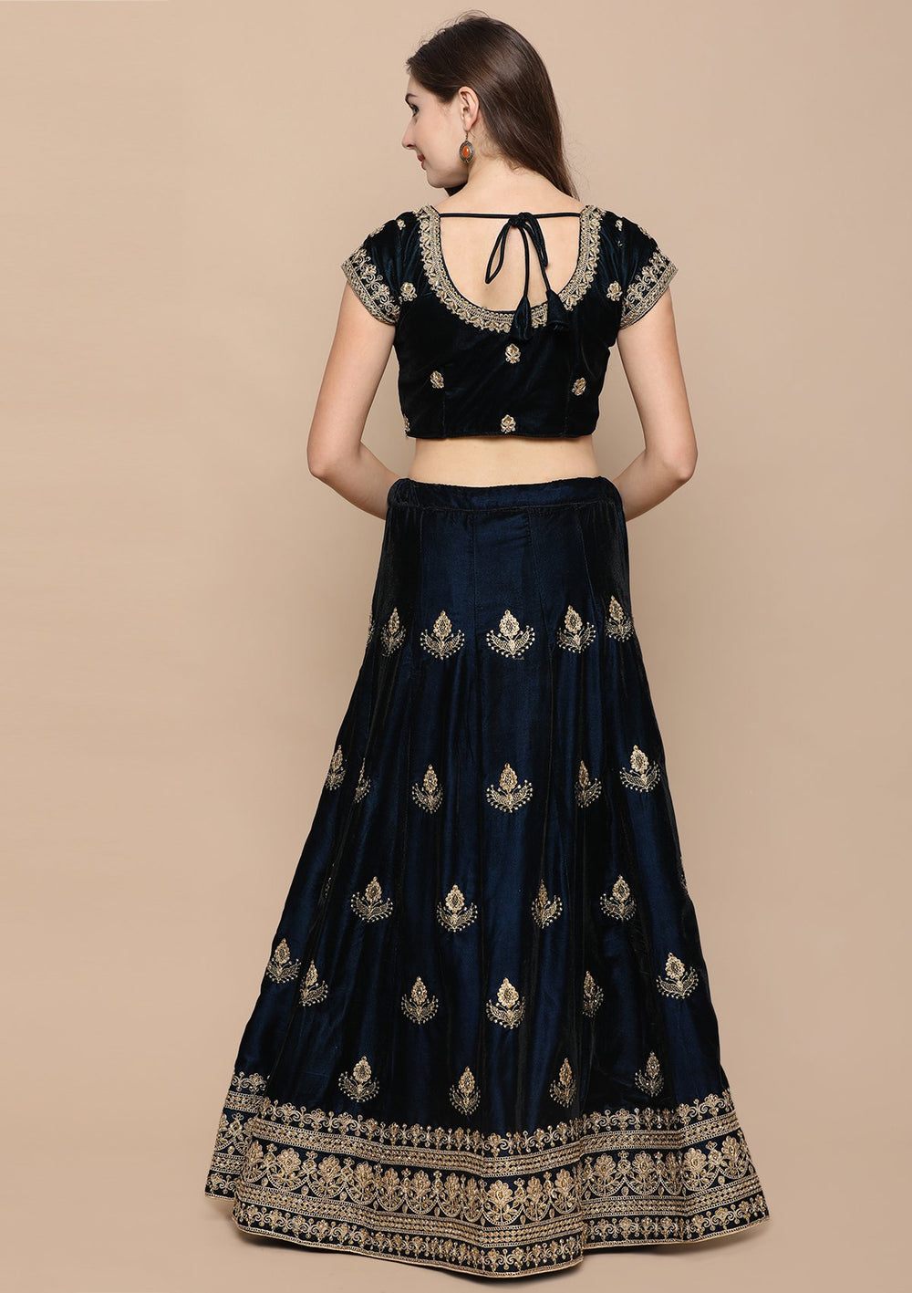 Peacock Green Stone Work Velvet Designer Lehenga-Koskii