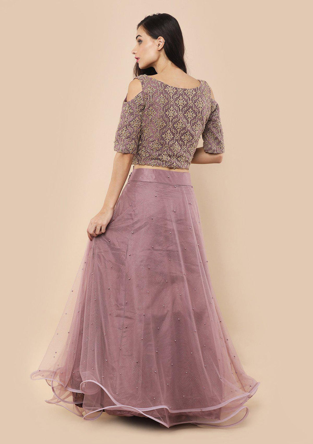 Lavender Pearl Studded Silk Designer Lehenga-Koskii