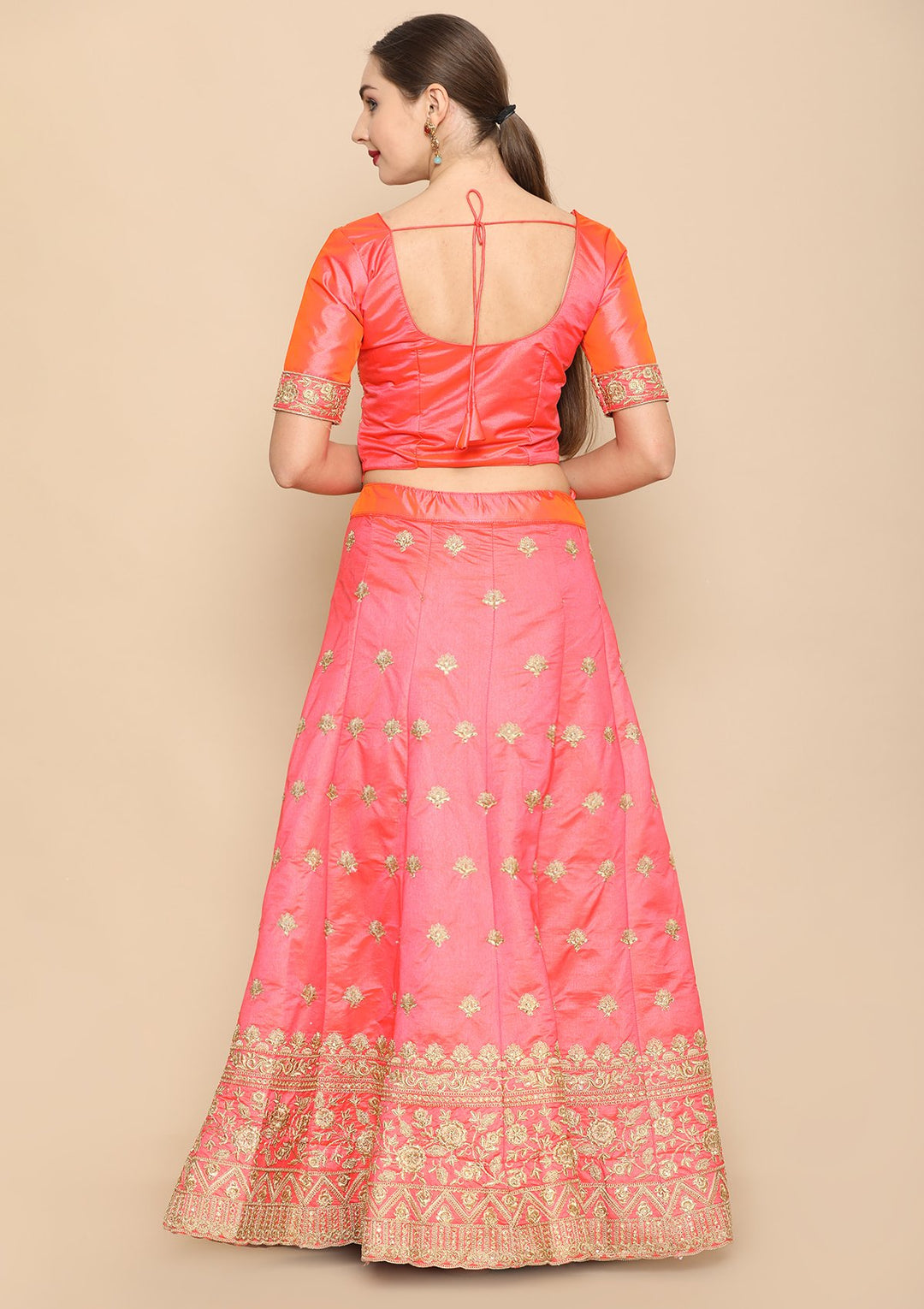 Orange Zari Work Taffeta Silk Designer Lehenga-Koskii
