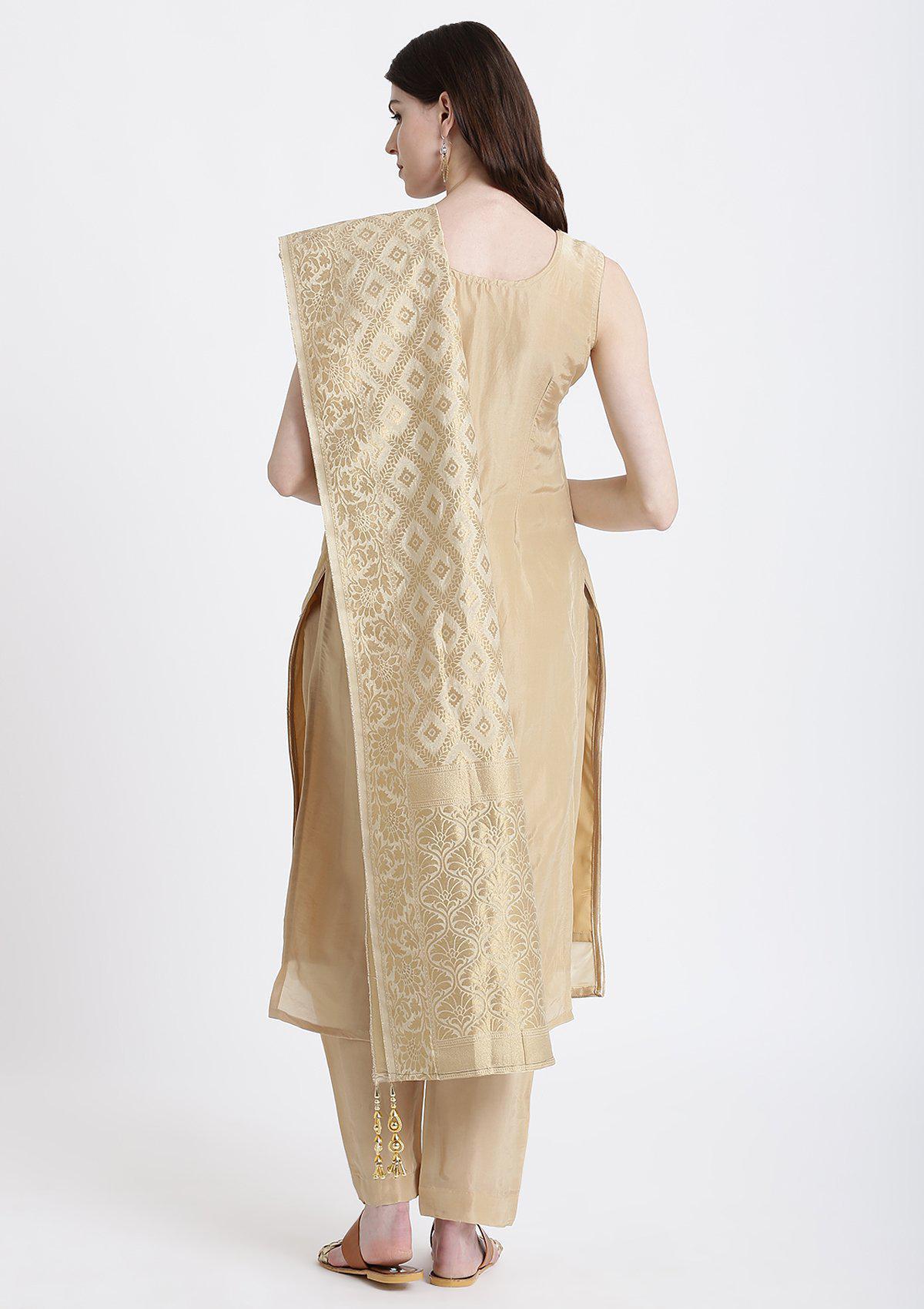 Gold Pearlwork Chanderi Designer Salwar Suit-Koskii