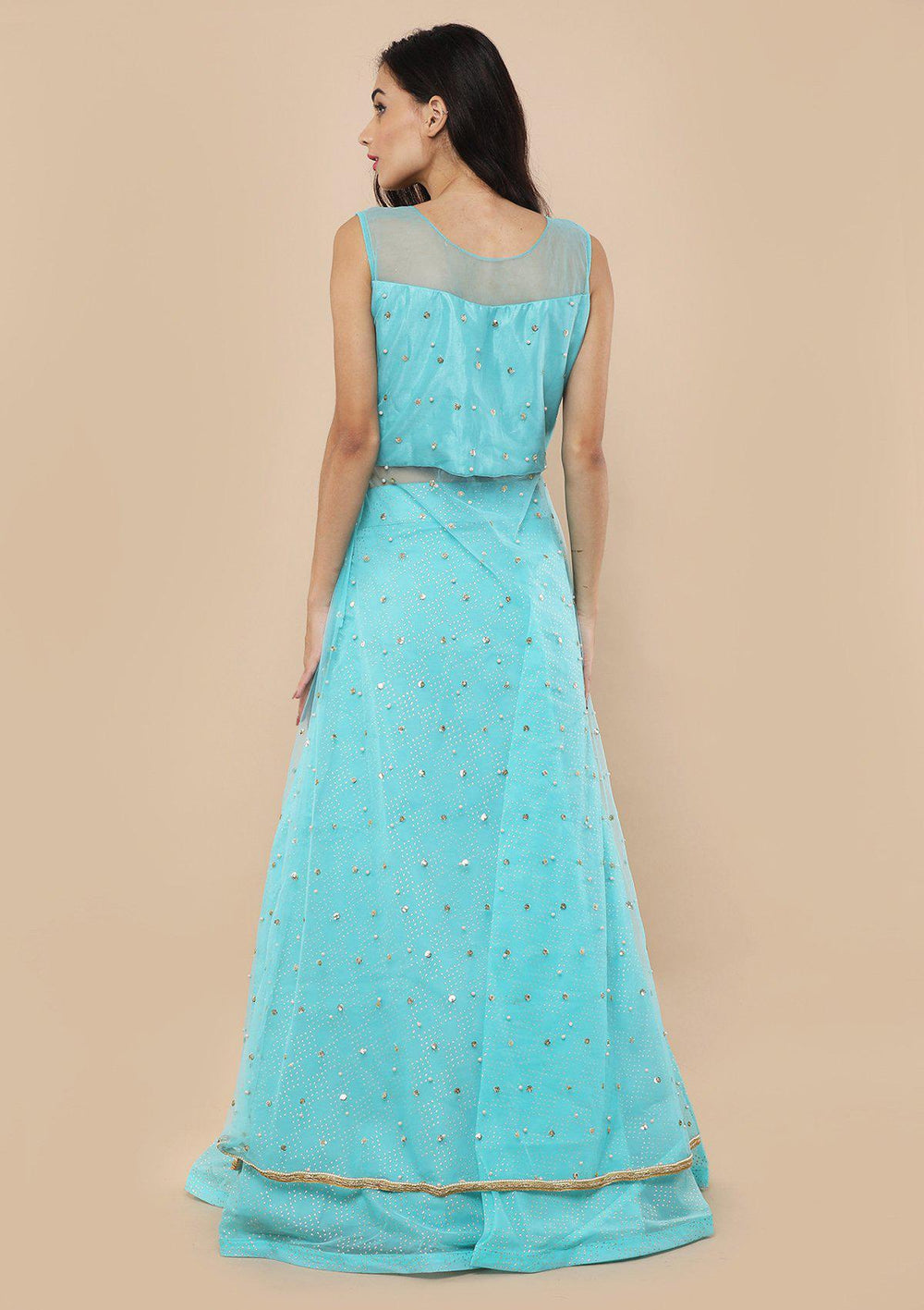 Sky Blue Bead Work Silk Designer Lehenga-Koskii