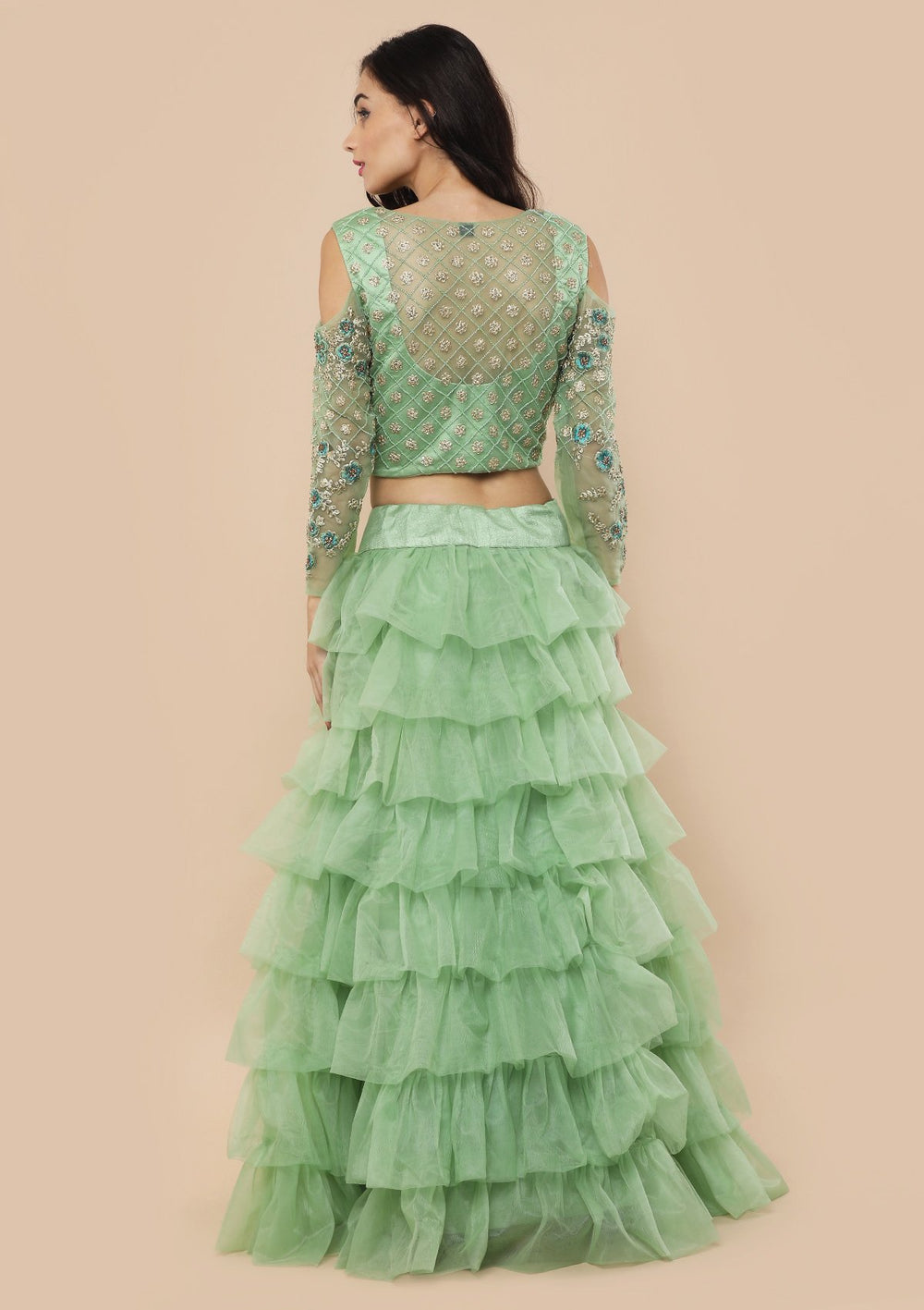 Pista Green Zari Work Net Designer Lehenga-Koskii