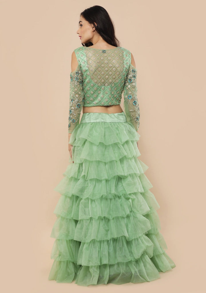 Pista Green Zari Work Net Designer Lehenga-Koskii