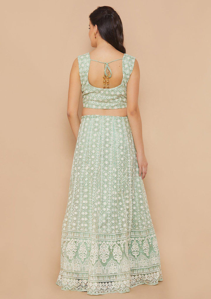 Green Thread-Work Net Designer Lehenga-Koskii