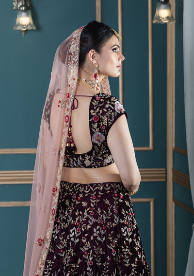 Wine Red Zardozi Work Velvet Designer Lehenga-Koskii