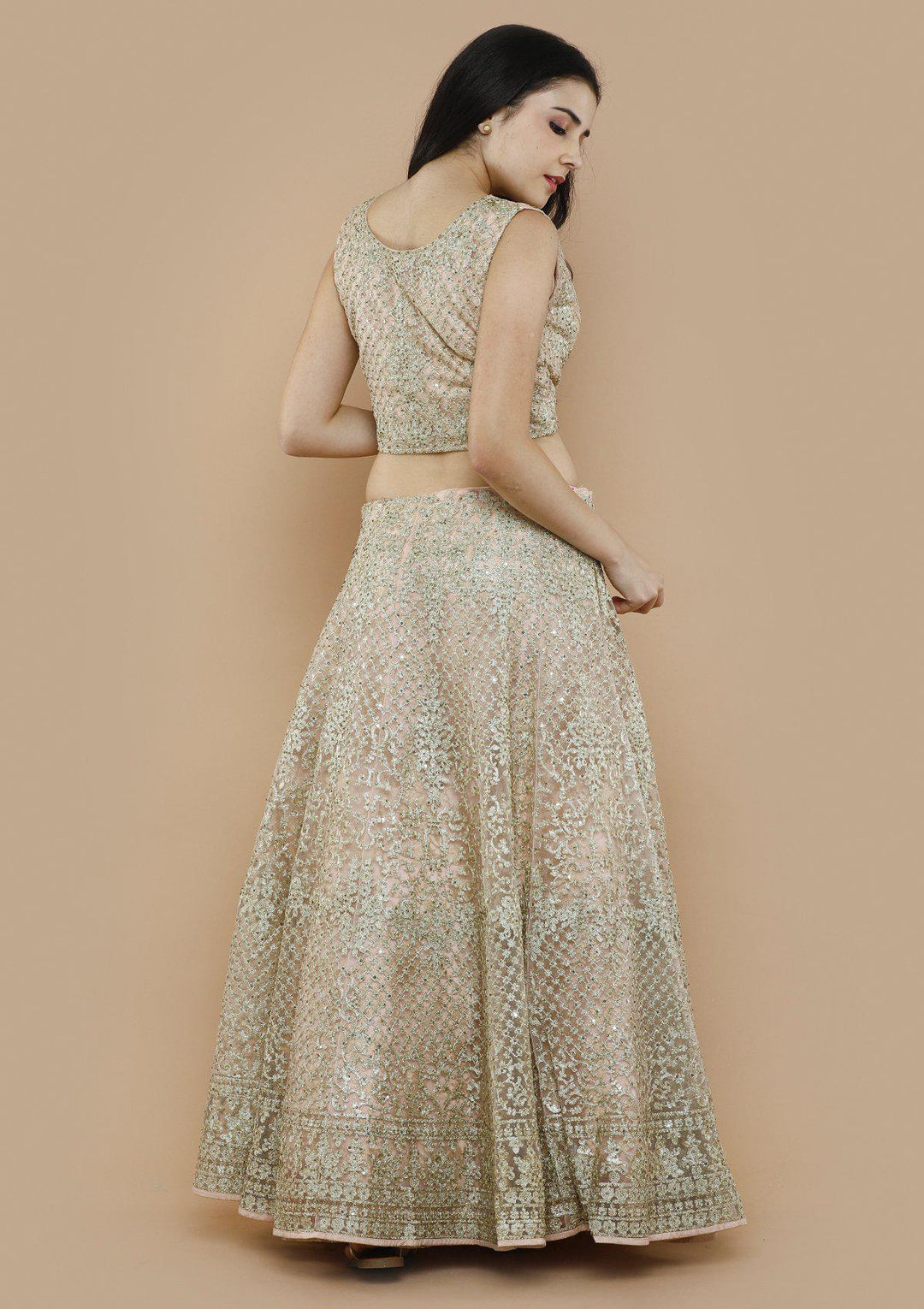Peach Net Thread Work Designer Lehenga-Koskii