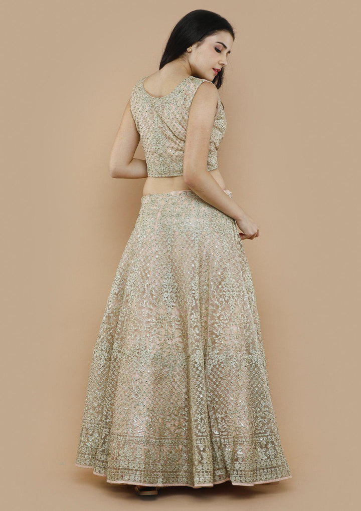 Peach Net Thread Work Designer Lehenga-Koskii