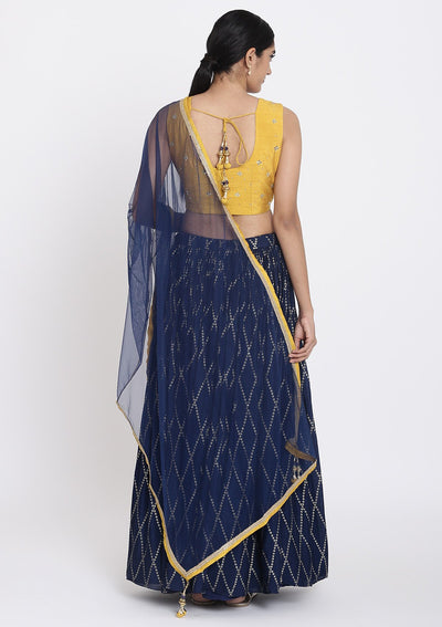 Navy Blue And Yellow Mirrorwork Satin Designer Lehenga - koskii