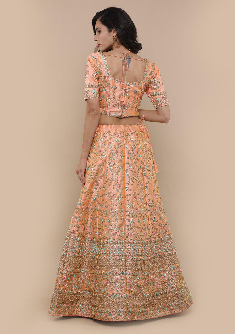 KOSKIII PEACH FLORAL WORK BRIDAL LEHENGA-Koskii